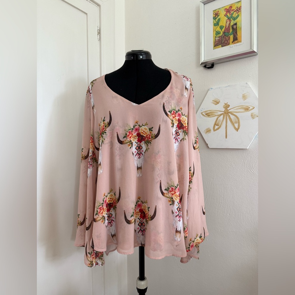 Show Me Your MuMu Pink Floral Bull Skull Sheer Blouse - Medium - EUC